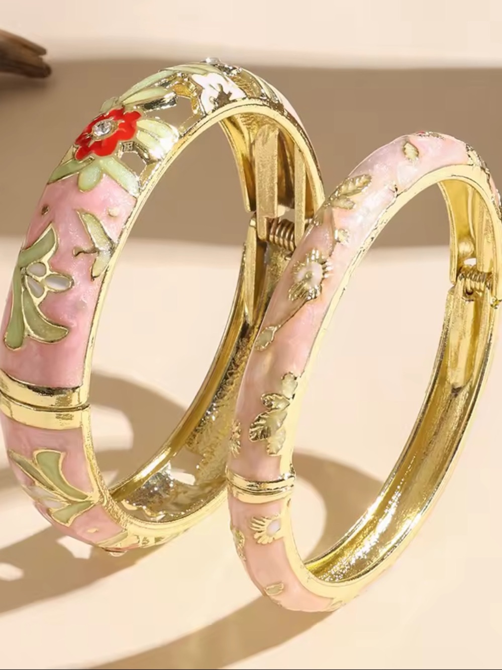 Pink Floral Gold-Tone Enamel Bangle Bracelet Set